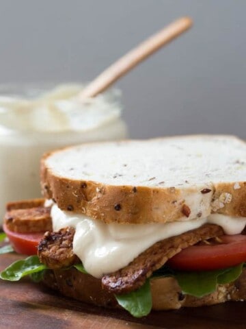 Easy five-minute vegan mayonnaise made with a silken tofu base.