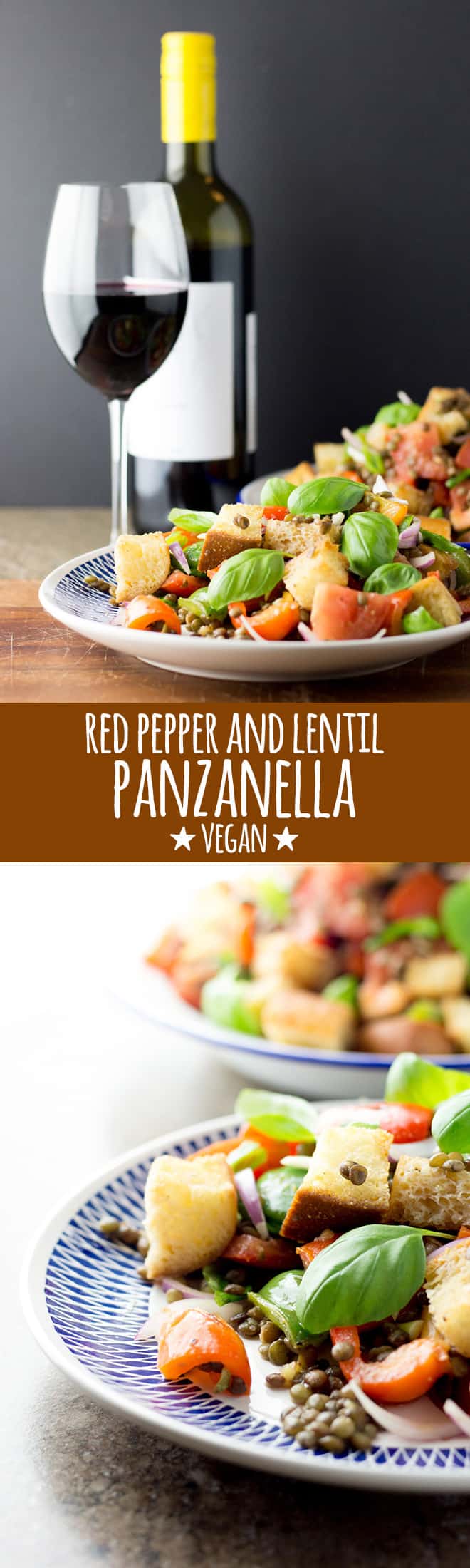 A simple and delicious panzanella salad with green lentils, mixed peppers and tomatoes dressed with a light and bright red wine vinaigrette.