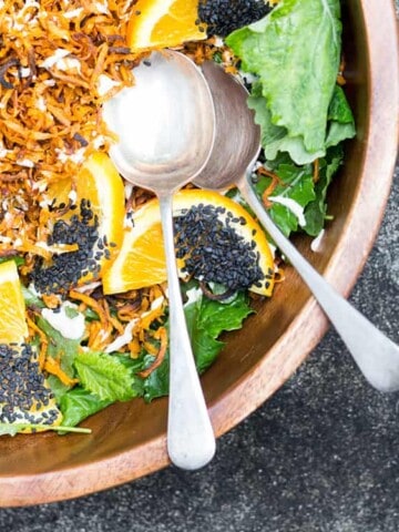 Sweet potato and kale salad with miso cashew dressing.