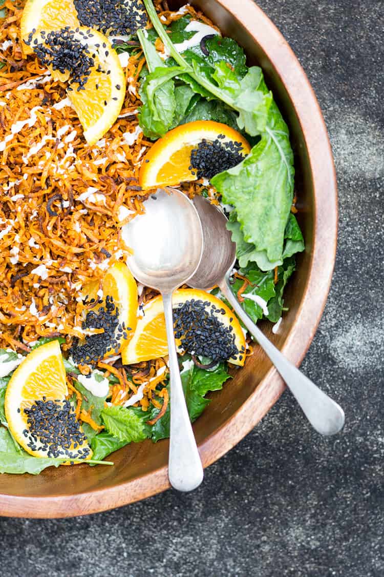 Sweet potato and kale salad with miso cashew dressing. 
