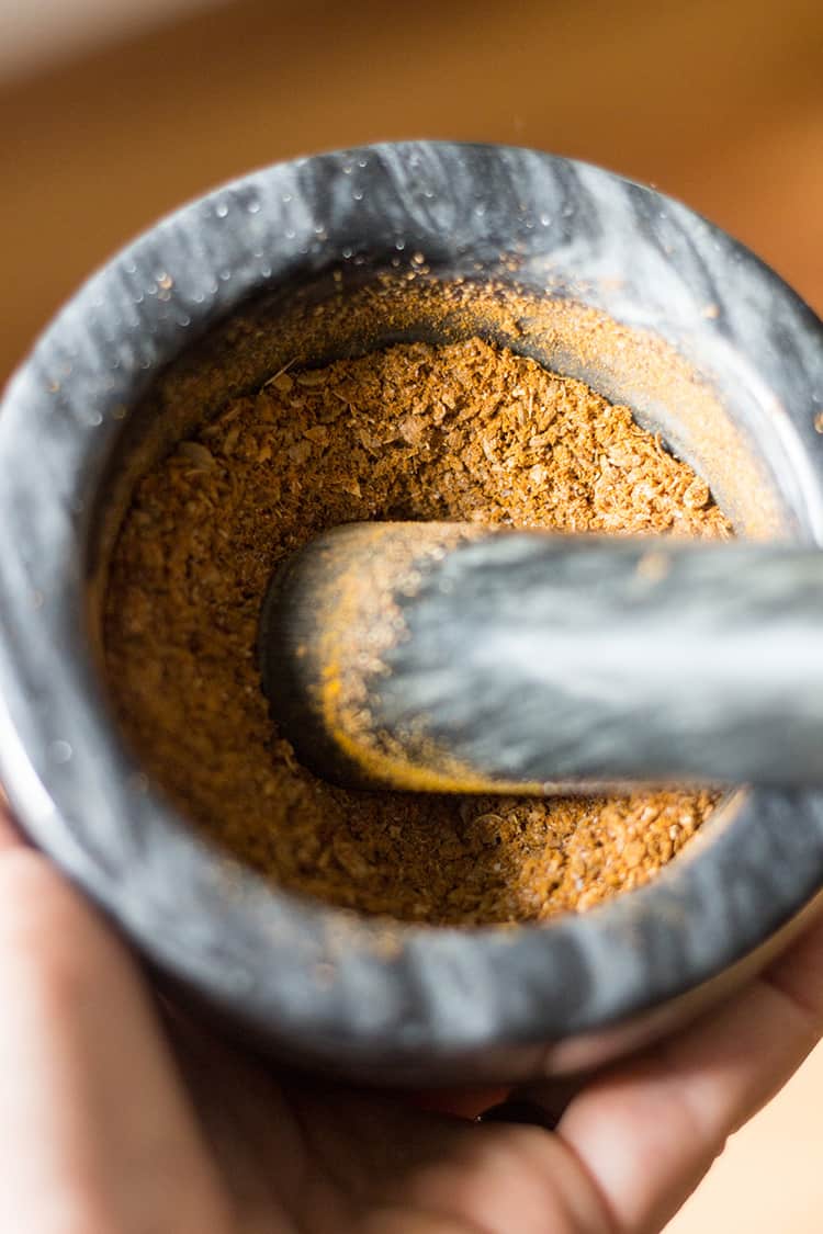 A spice mix of toasted coriander and cumin seeds, turmeric and a touch of ground cinnamon.
