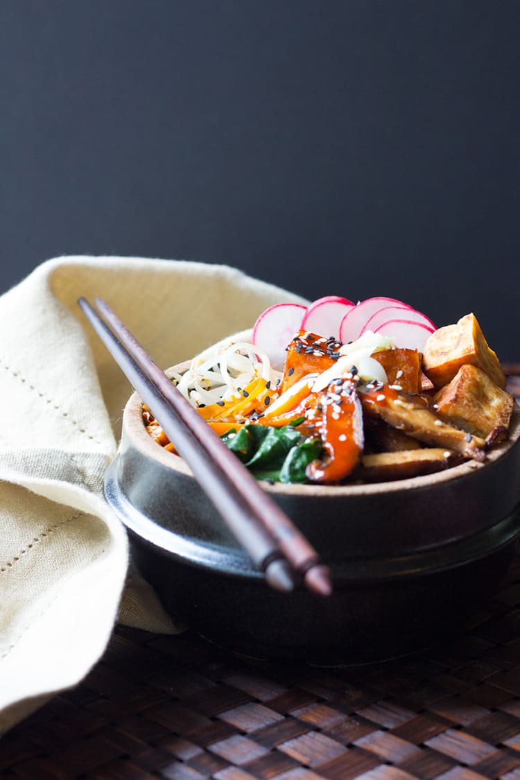 Vegan bibimbap: sticky rice, sesame sauteed vegetables, crispy tofu and gochujang sauce. 