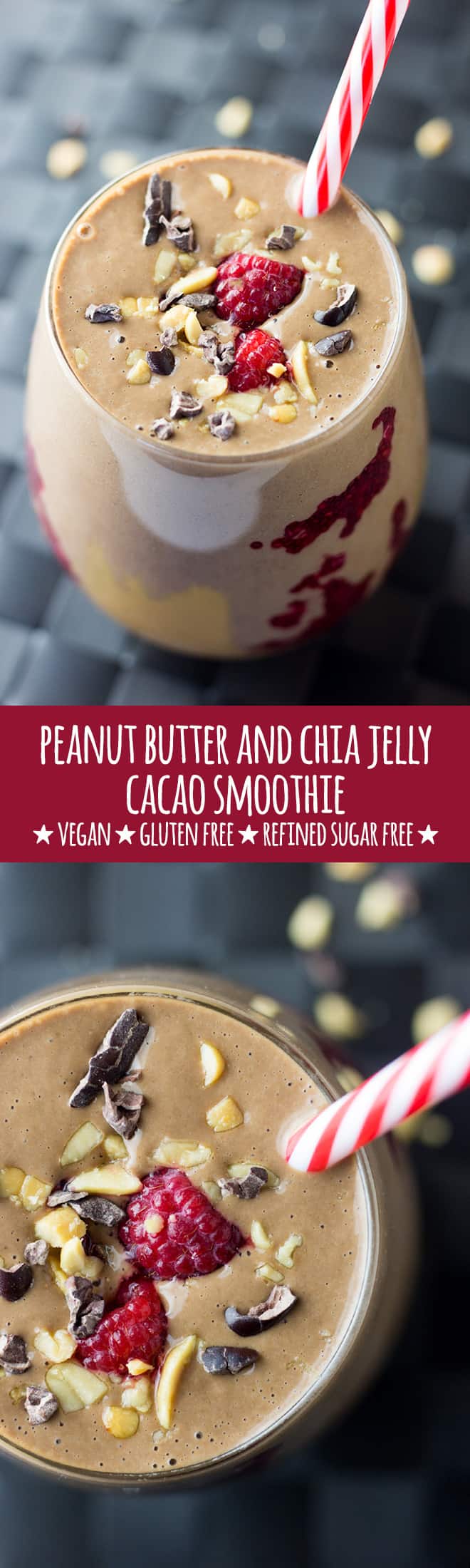 An addictive cafe style peanut butter and jelly (raspberry chia jam) cacao smoothie with all the bells and whistles. 