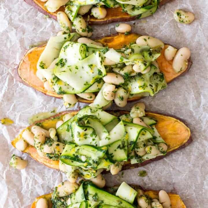 Sweet potato toast with herby beans.