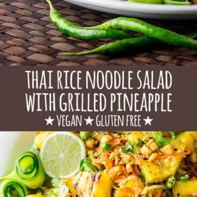 A fresh and bright vegan and gluten free Thai rice noodle salad with lots of coriander, mint, lime, chilli, peanuts and sweet juicy grilled pineapple.