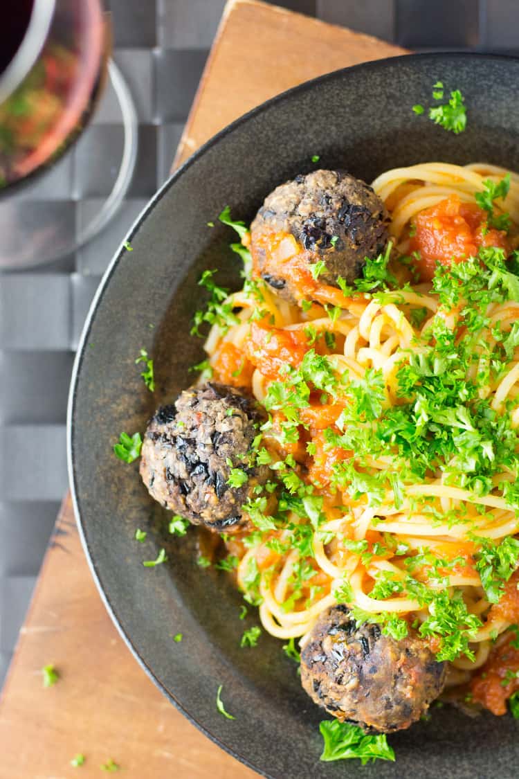 Vegan spaghetti and meatballs. Gluten free meatballs made with black beans, olives and sundried tomatoes. 