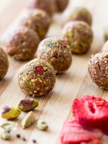 Pistachio, cardamom and strawberry bliss balls.
