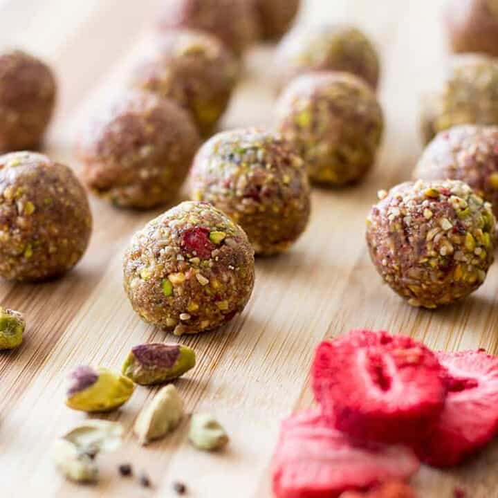 Pistachio, cardamom and strawberry bliss balls.