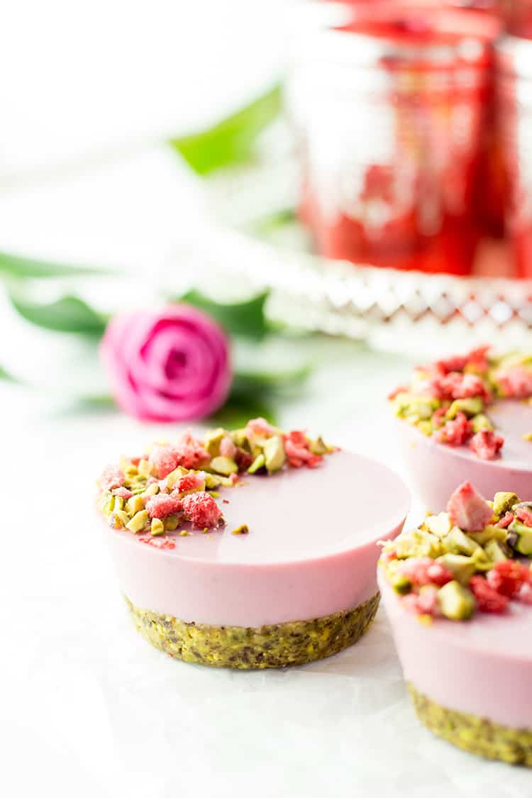 Pistachio, cardamom and strawberry bliss ball mixture used as a cheesecake base. 