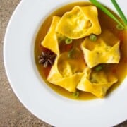 Tofu and shiitake mushroom wonton soup (vegan).