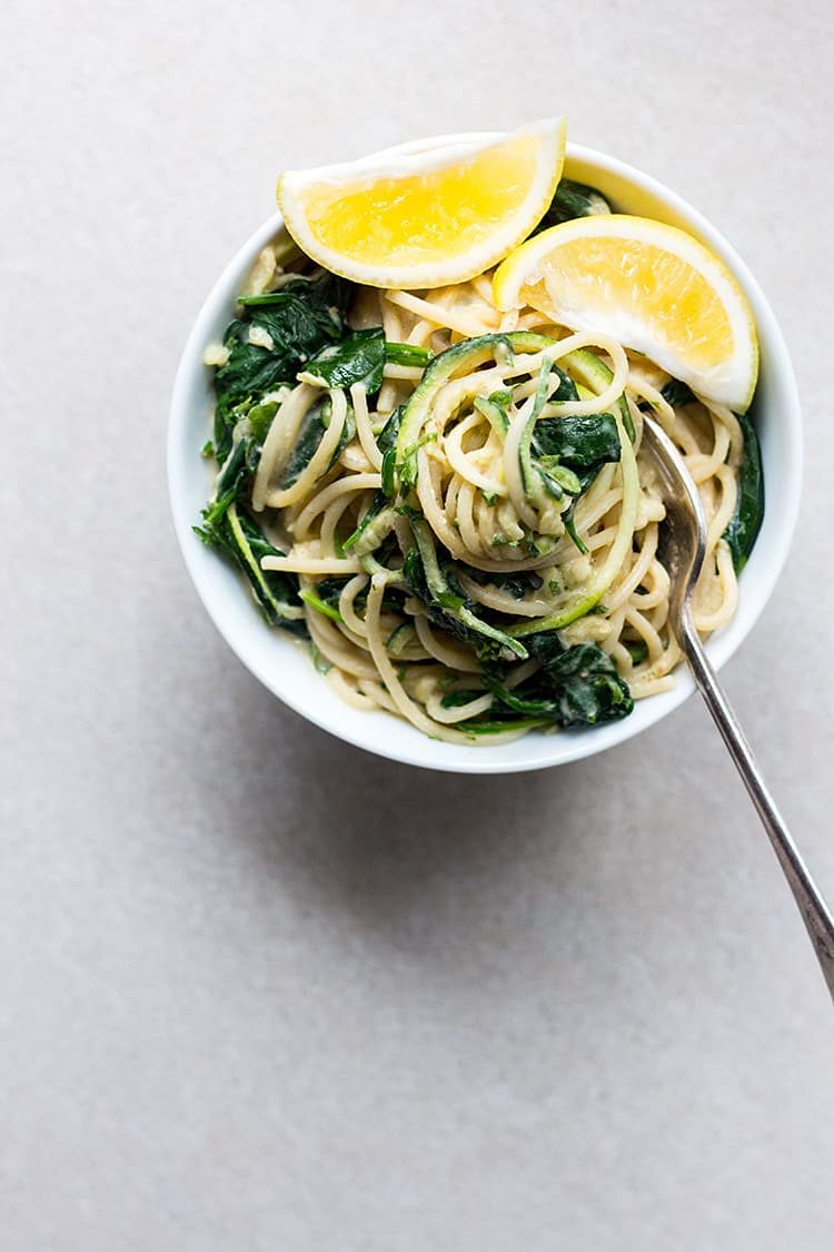 10 minute hummus pasta with zoodles, greens and lemon (vegan, gluten free optional). 