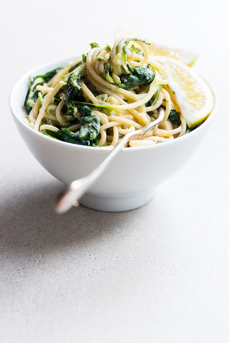 10 minute hummus pasta with zoodles, greens and lemon (vegan, gluten free optional). 