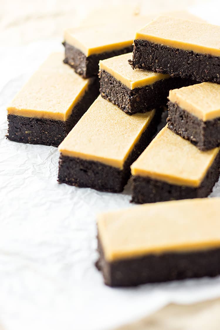 Chocolate peanut butter fudge bars (vegan and gluten free). 