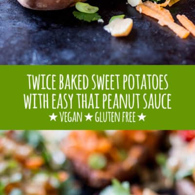 Twice-baked sweet potatoes loaded with Thai flavours, piled up with fresh toppings and drizzled with an easy Thai peanut sauce (vegan and gluten free).