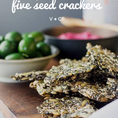Healthy and moreish home made five seed crackers are a tasty snack by themselves or with your favourite dip, perfect to serve alongside drinks. (Vegan and gluten free).