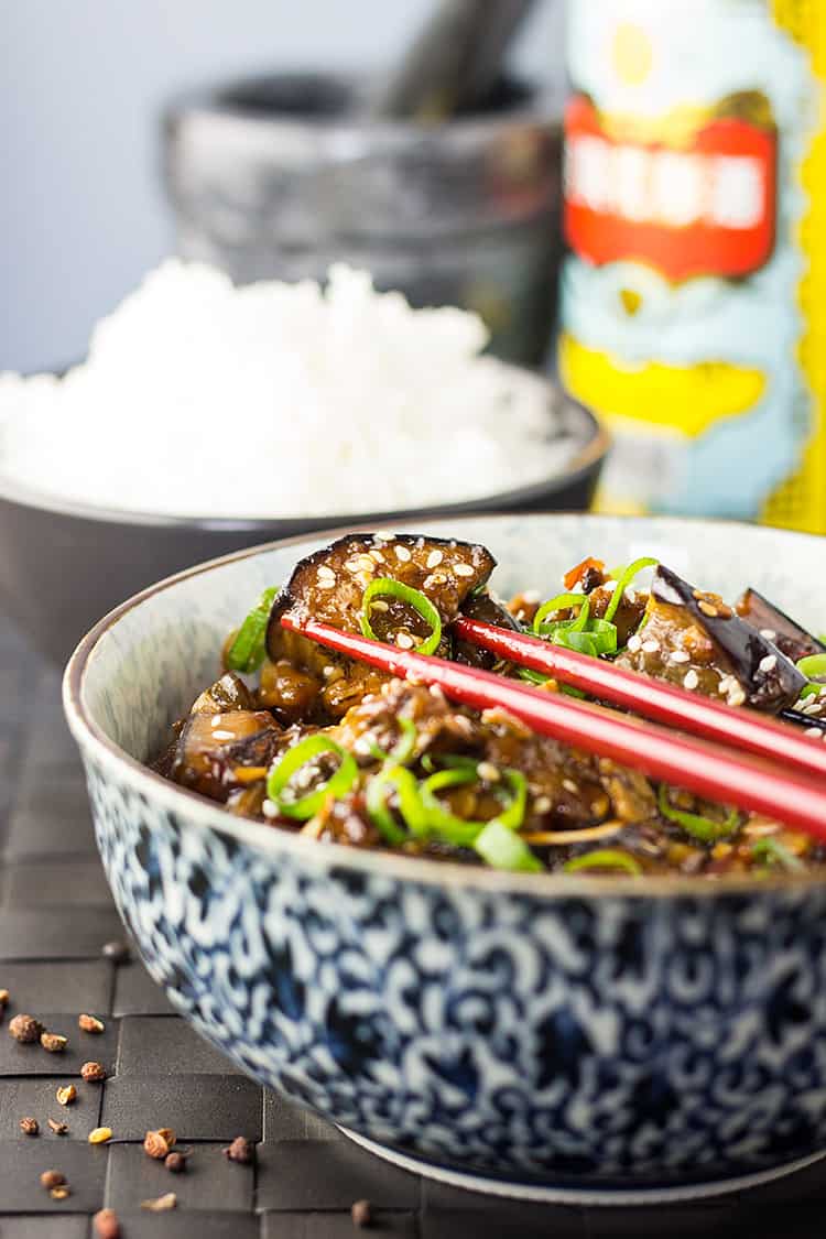 Spicy Szechuan eggplant (vegan, with a gluten free option).