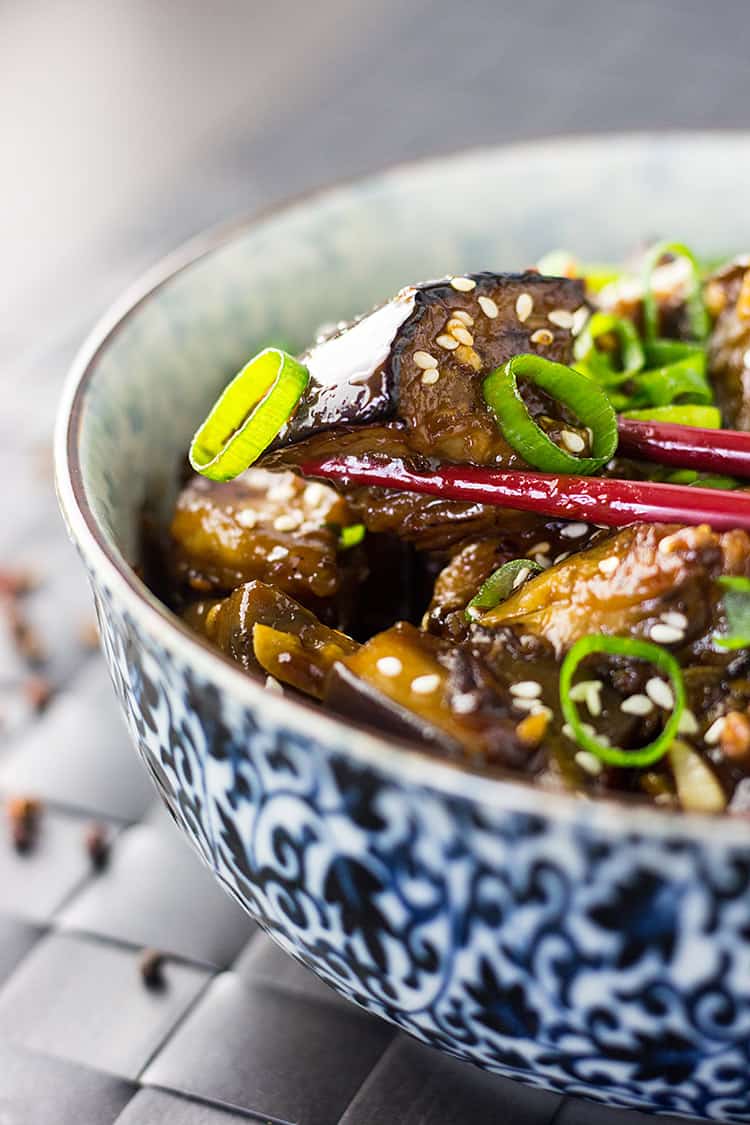 Spicy Szechuan eggplant (vegan, with gluten free option). 