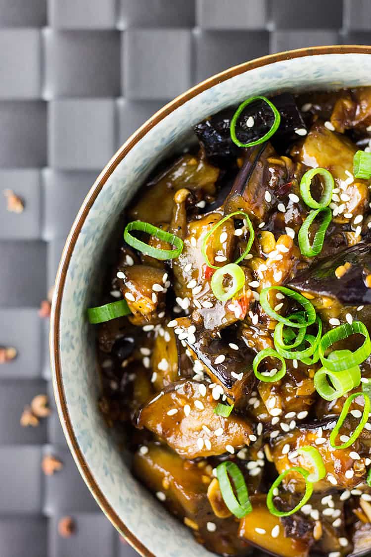 Spicy Szechuan eggplant (vegan, with gluten free option). 