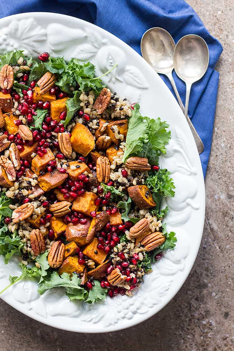 Sweet potato salad with pomegranate, pecans and barley (vegan). 