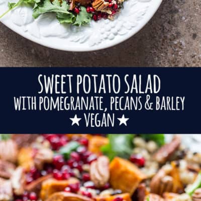 Perfect for the festive season, this hearty sweet potato salad with pomegranate, pecans and barley is served with a punchy herb dressing.