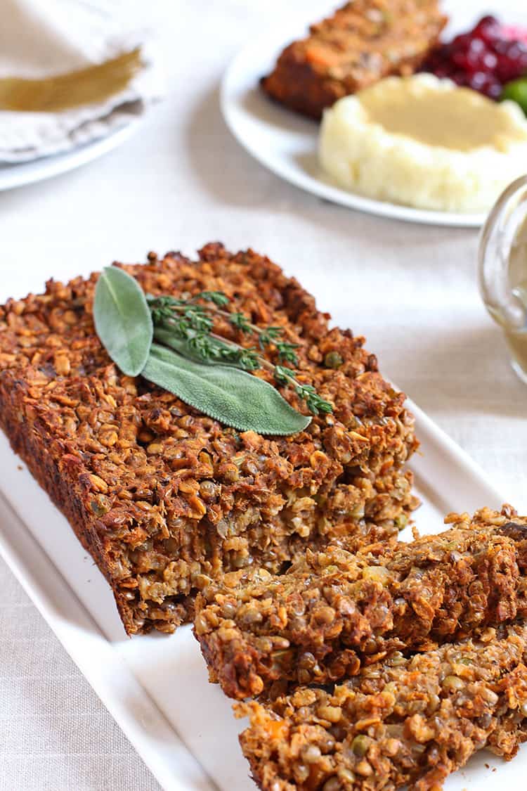 Lentil loaf with brown onion gravy (vegan and gluten free). 