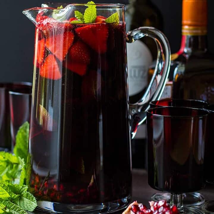 Pomegranate and strawberry red wine sangria.