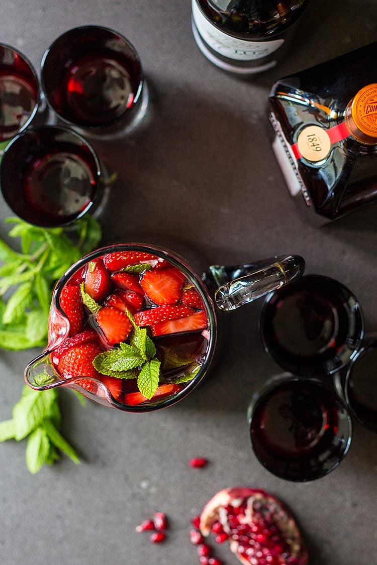 Pomegranate and strawberry red wine sangria. 