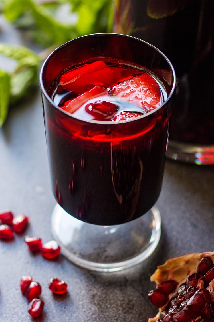 Pomegranate and strawberry red wine sangria. 