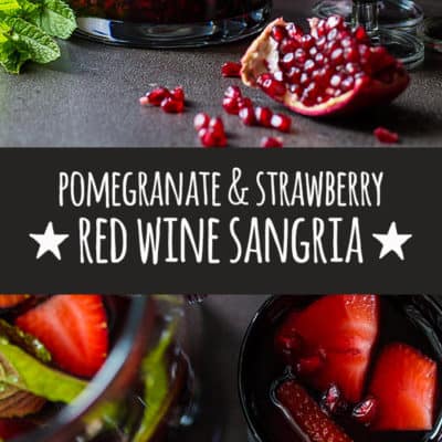 A sweetly refreshing chilled red wine sangria with pomegranate, sliced strawberries and lots of fresh mint.