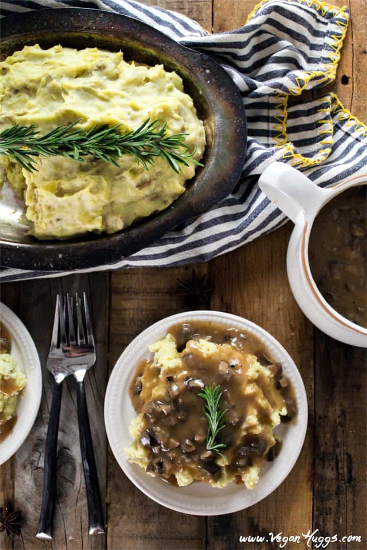 Vegan mashed potatoes with mushroom gravy. 