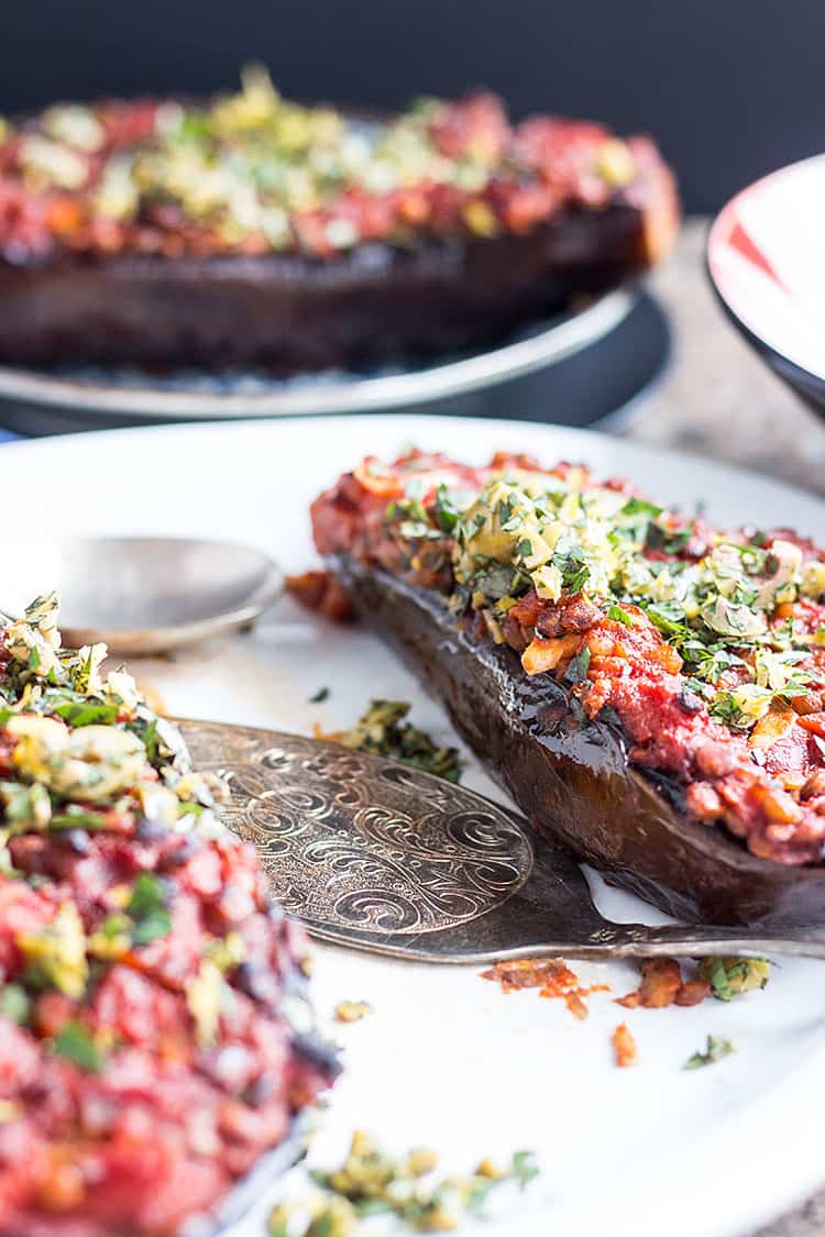 Baked eggplant with lentils, tomatoes and a herby topping (vegan, gluten free).