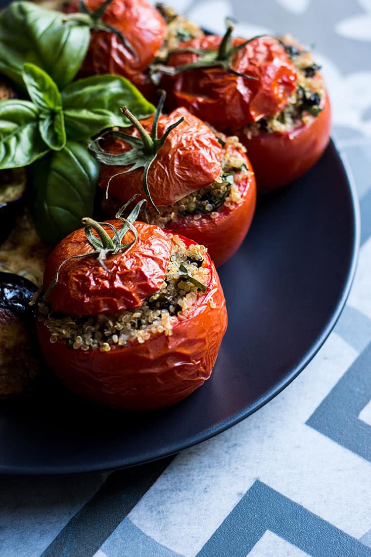 Quinoa, basil and olive stuffed tomatoes (vegan and gluten free).