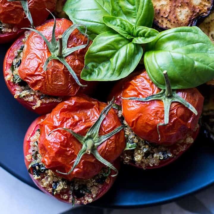 Quinoa, basil and olive stuffed tomatoes (vegan and gluten free).