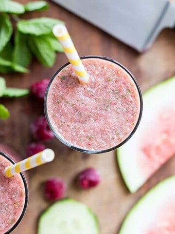 Hydrating watermelon smoothie with raspberry, cucumber and mint.