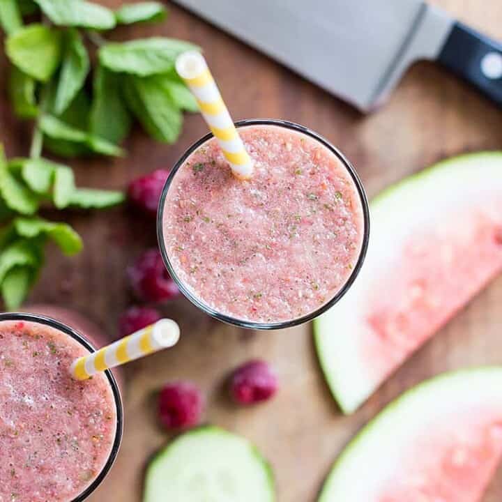 Hydrating watermelon smoothie with raspberry, cucumber and mint.