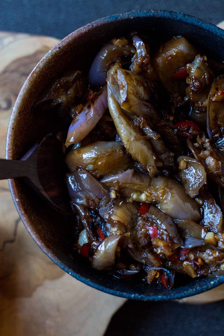 Spicy eggplant with garlic, ginger, chilli and black vinegar. 