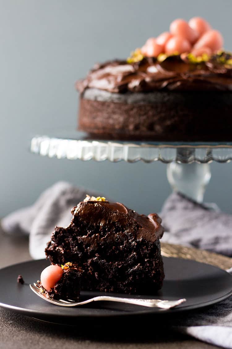 Dark chocolate beetroot cake with dairy free ganache frosting and marzipan eggs (vegan and gluten free).