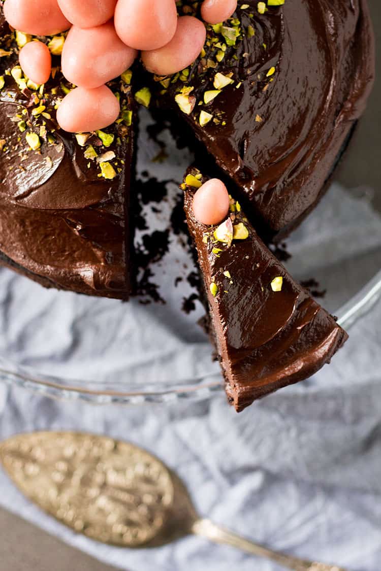 Dark chocolate beetroot cake with dairy free ganache frosting and marzipan eggs (vegan and gluten free).