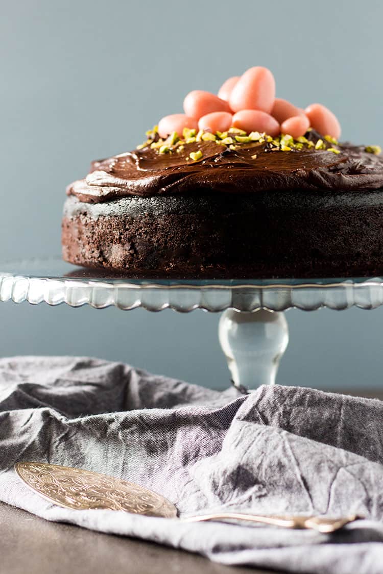 Dark chocolate beetroot cake with dairy free ganache frosting and marzipan eggs (vegan and gluten free). 