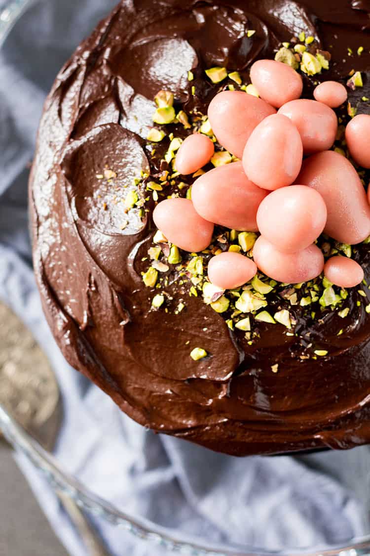 Dark chocolate beetroot cake with dairy free ganache frosting and marzipan eggs (vegan and gluten free).