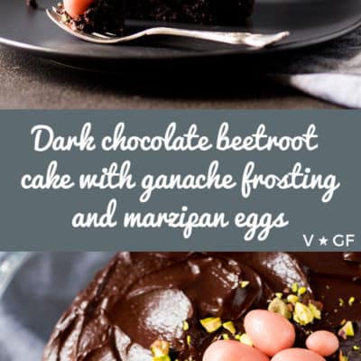 A vegan and gluten free dark chocolate beetroot cake with chocolate ganache frosting and marzipan eggs, perfect for Easter or any celebration.