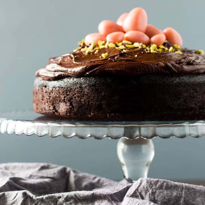 Dark chocolate beetroot cake with dairy free ganache frosting and marzipan eggs (vegan and gluten free).