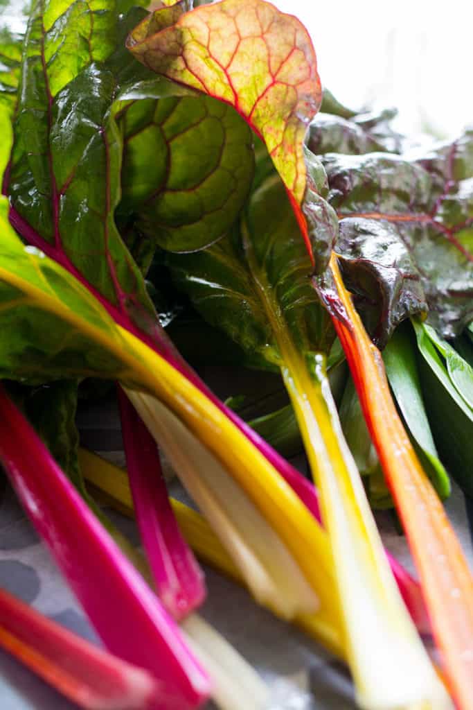 Brightly coloured stems of rainbow chard.