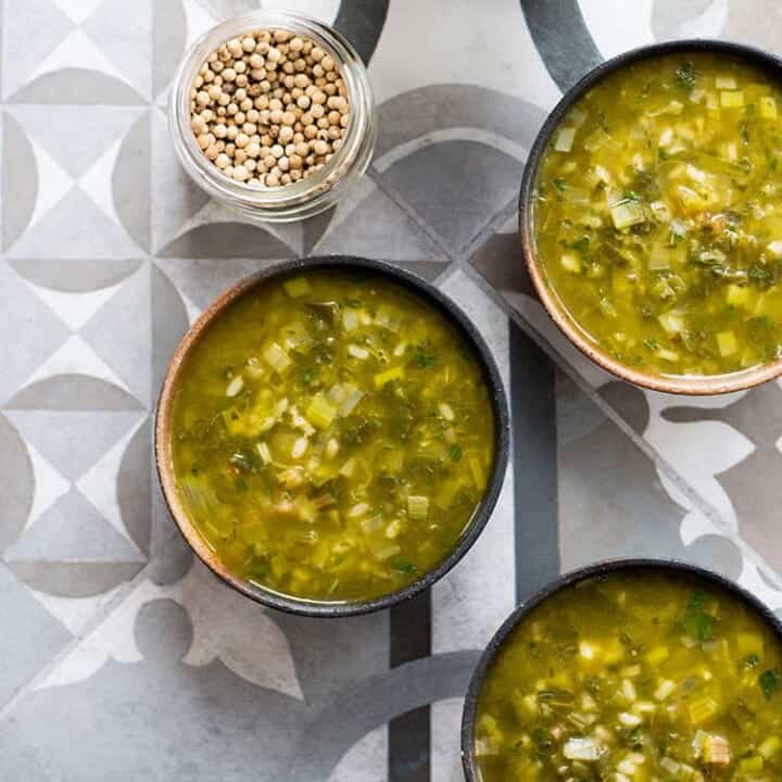 Restorative rainbow chard and leek soup (vegan and gluten free).