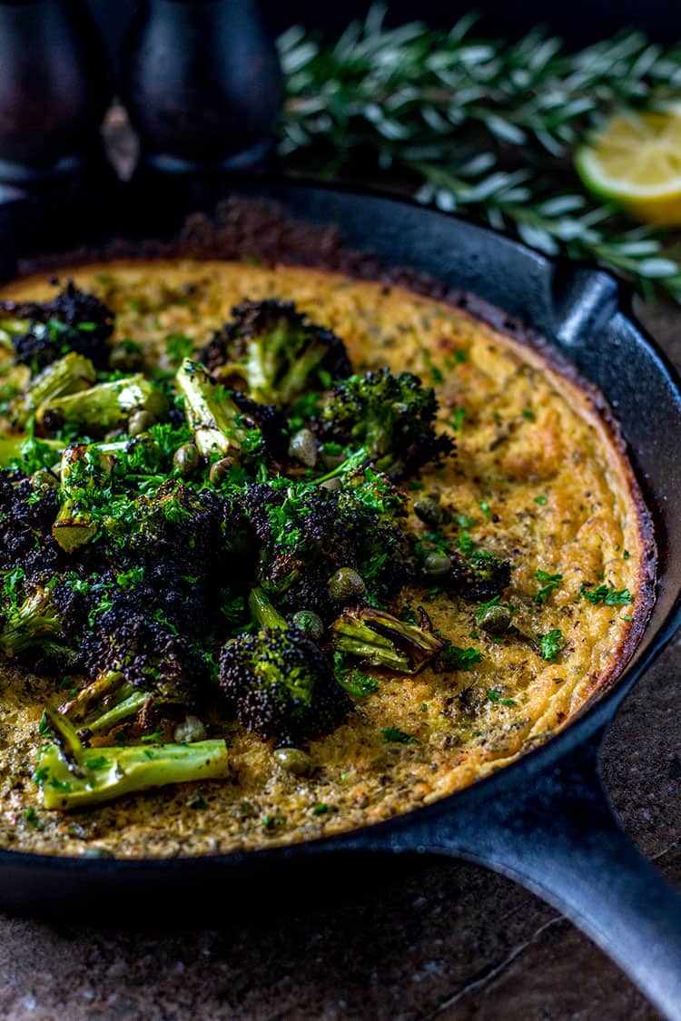 Farinata with charred broccoli, lemon and capers (vegan and gluten free). 