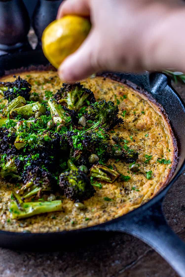 Farinata with charred broccoli, lemon and capers (vegan and gluten free).