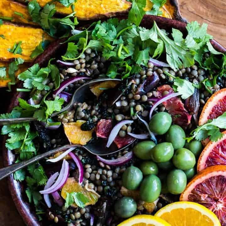 Lentil salad with orange, dates and kale (vegan and gluten free).