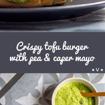 Fast-food style tofu burgers made with thick slabs of crispy tofu nestled in a burger bun with a generous dollop of lemony green pea and caper mayo.