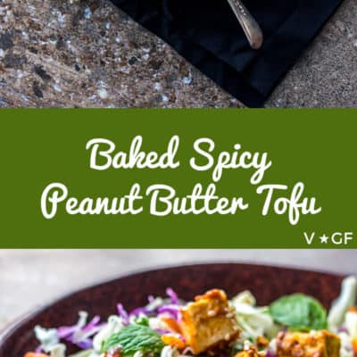 Oven-baked cubes of tofu coated with spicy peanut butter and sesame seeds are tasty protein bombs to add to salads (vegan and gluten free).