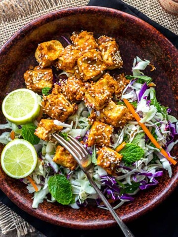 Baked spicy peanut butter tofu (vegan and gluten free).